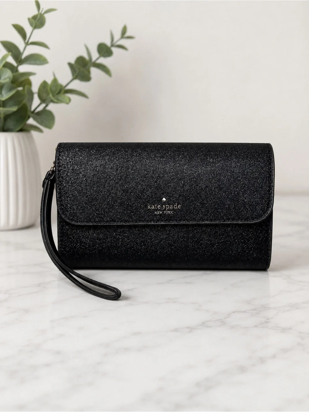Kate Spade Tinsel Boxed Medium Phone Wristlet Black Glitter K9255 NWT $199